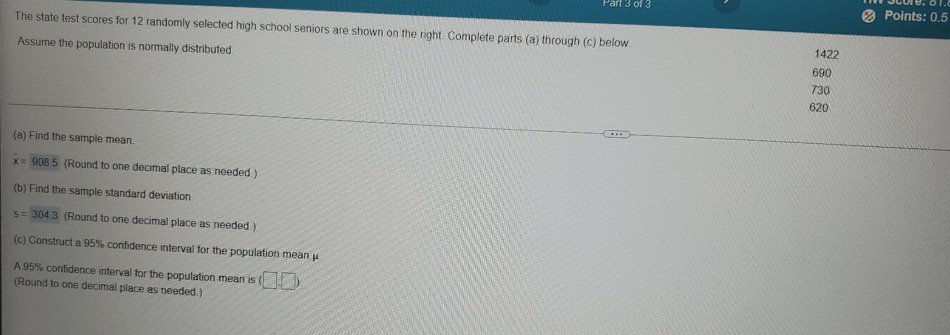Solved Part 3 of 3 The state test scores for 12 randomly | Chegg.com
