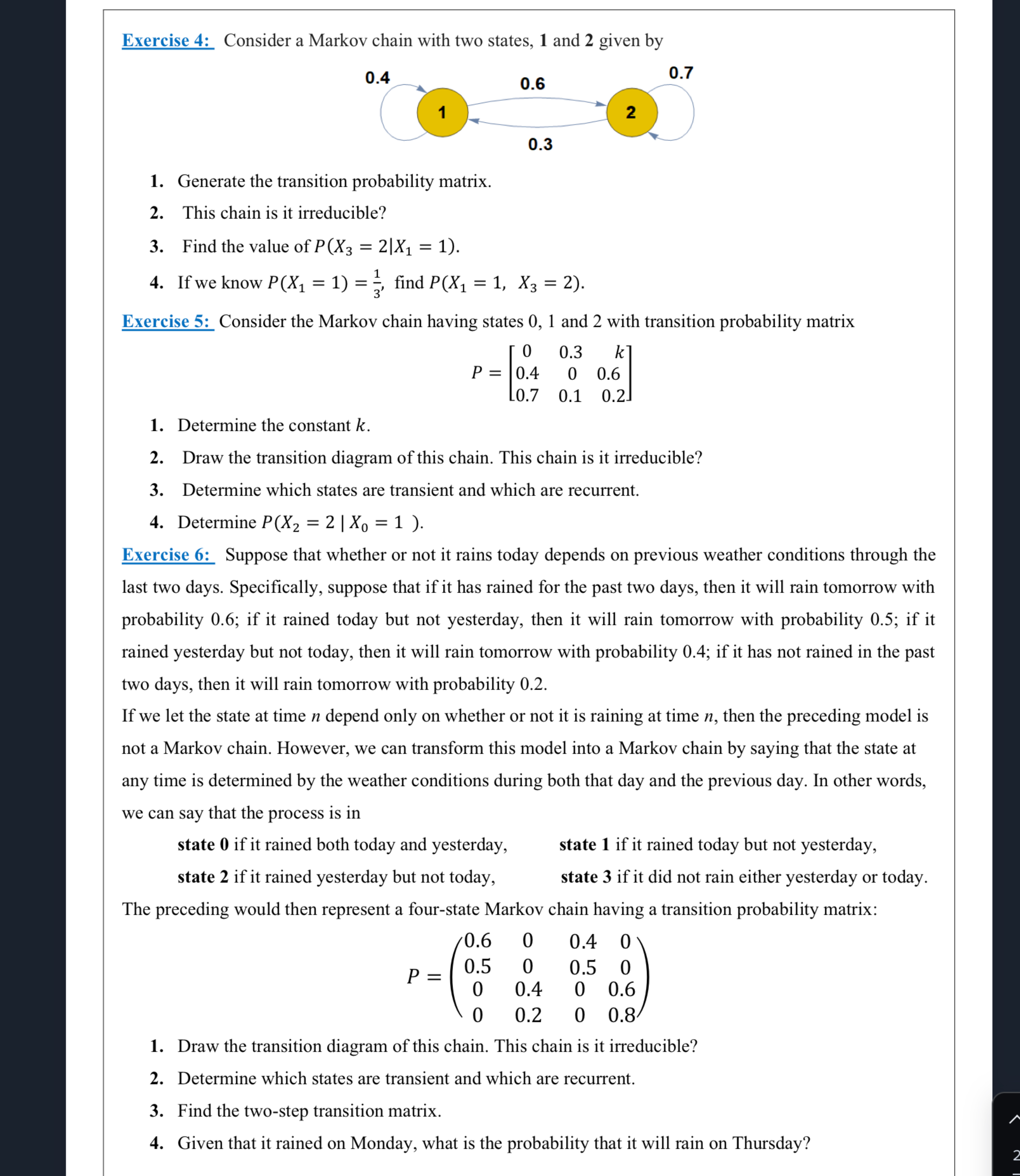 Exercise 4: Consider a Markov chain with two states, | Chegg.com