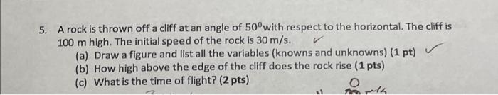 Solved 5. A rock is thrown off a cliff at an angle of 50∘ | Chegg.com