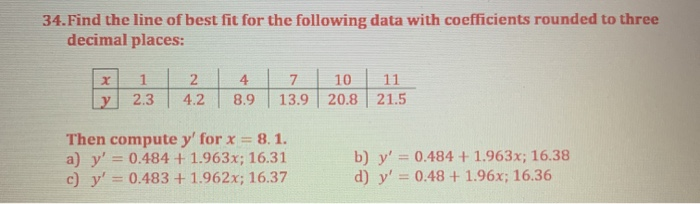 Solved 34.Find the line of best fit for the following data | Chegg.com