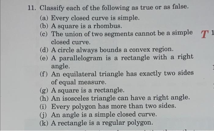 Solved 11. Classify each of the following as true or as | Chegg.com