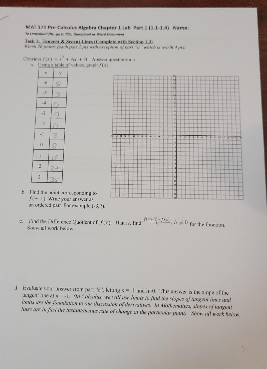 Solved MAT 171 Pre-Calculus Algebra Chapter 1 Lab Part 1 | Chegg.com