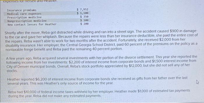 Shortly after the move, Reba got distracted while driving and ran into a street sign. The accident caused \( \$ 900 \) in dam