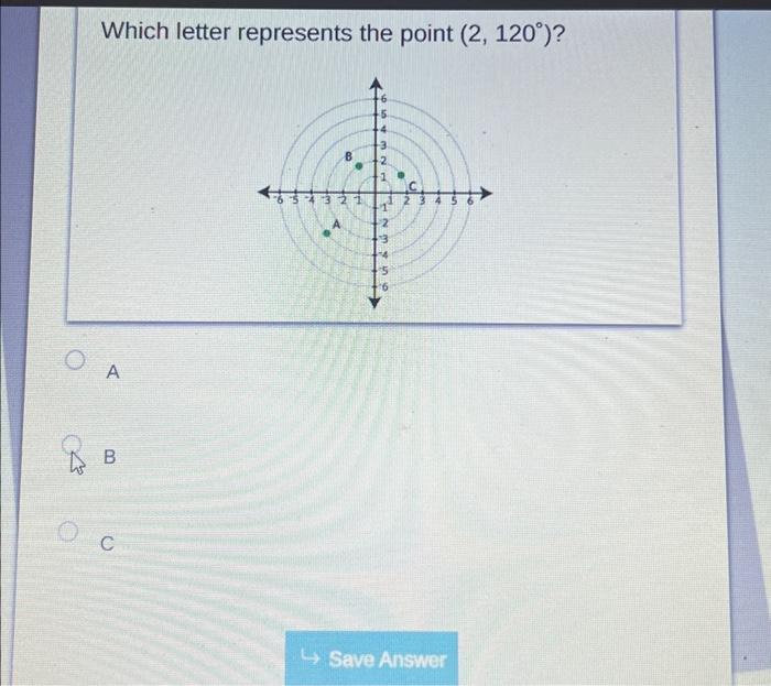 Solved 4 Which letter represents the point (2, 120°)? A C +m | Chegg.com