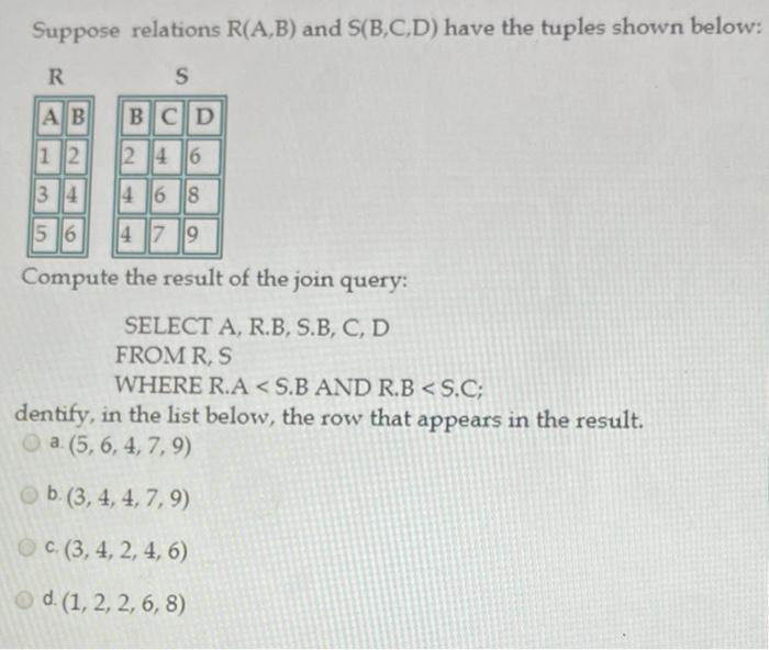 Solved Suppose Relations R(A,B) And S(B,C,D) Have The Tuples | Chegg.com