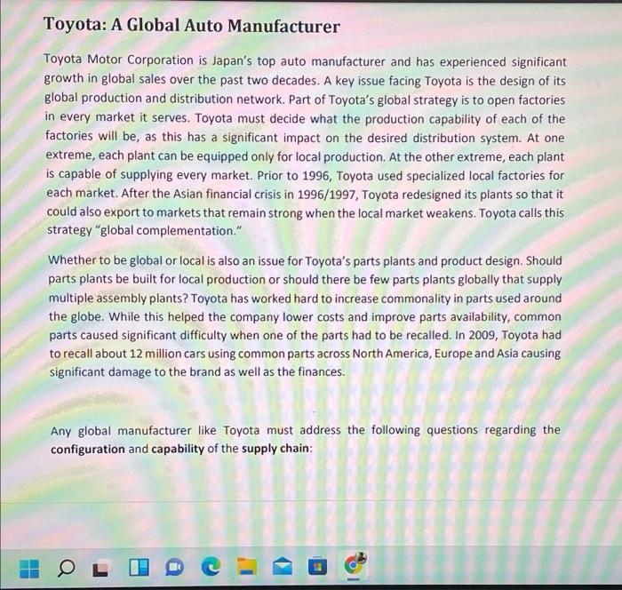 Solved Toyota A Global Auto Manufacturer Toyota Motor