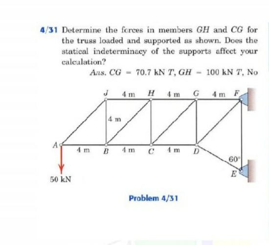 Solved 4 31 Determine The Forces In Members Gh And Cg For Chegg Com