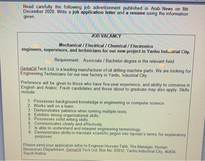 Read Carefully The Following Job Advertisement Chegg Com