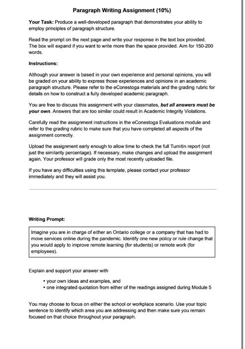 Solved Paragraph Writing Assignment (10%) Your Task: Produce | Chegg.com