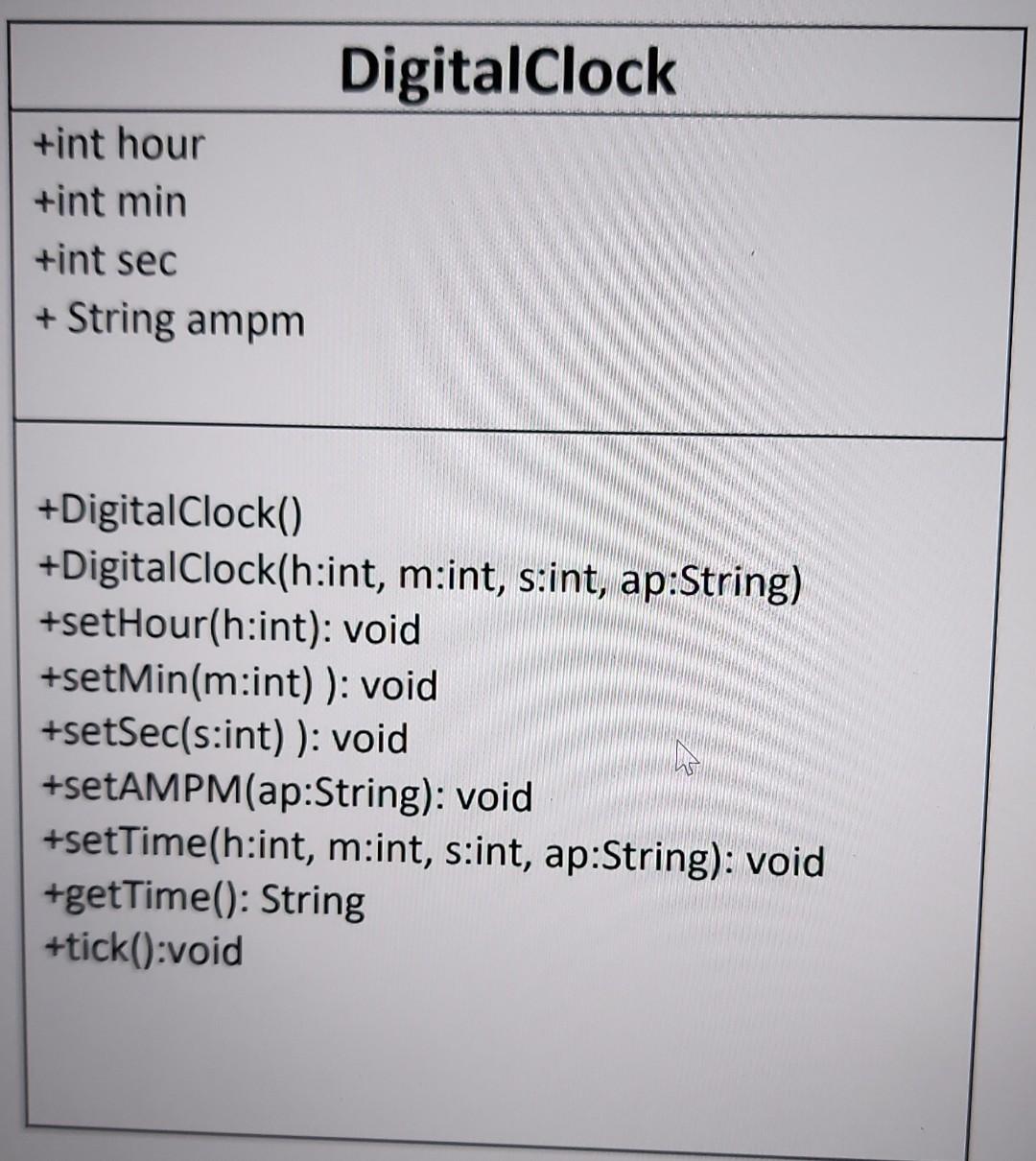 Solved Digital Clock +int hour +int min +int sec + String | Chegg.com