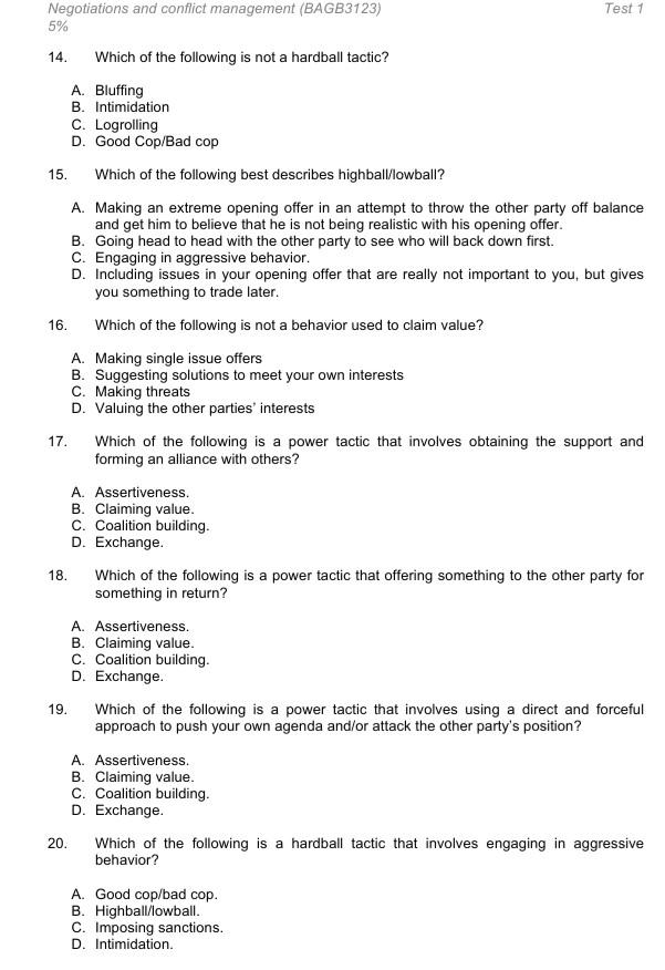 Solved Negotiations And Conflict Management (bagb3123) 5% 