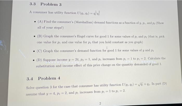 Solved 3.3 Problem 3 A Consumer Has Utility Function (92) 99 | Chegg.com