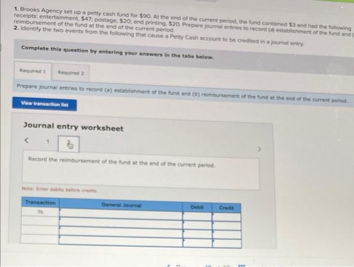 Solved 1 Brooks Agency Set Up A Petty Cash Fund For 90 At Chegg