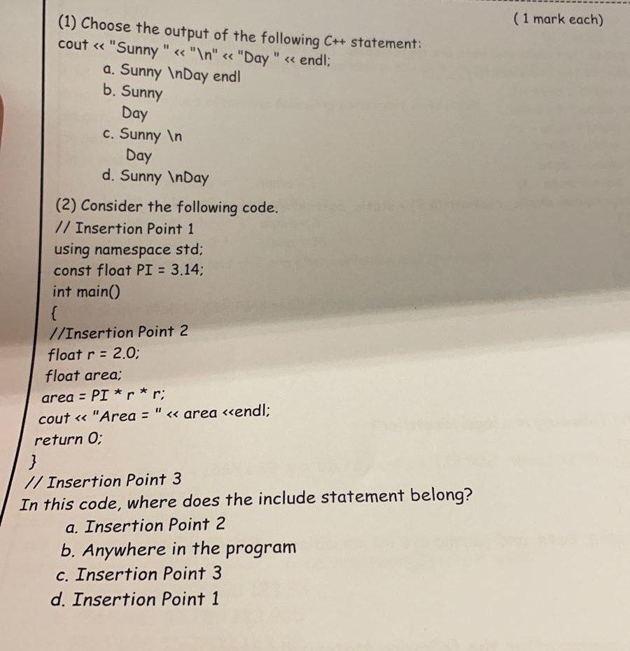 Solved Mark Each Choose The Output Of The Following Chegg Com