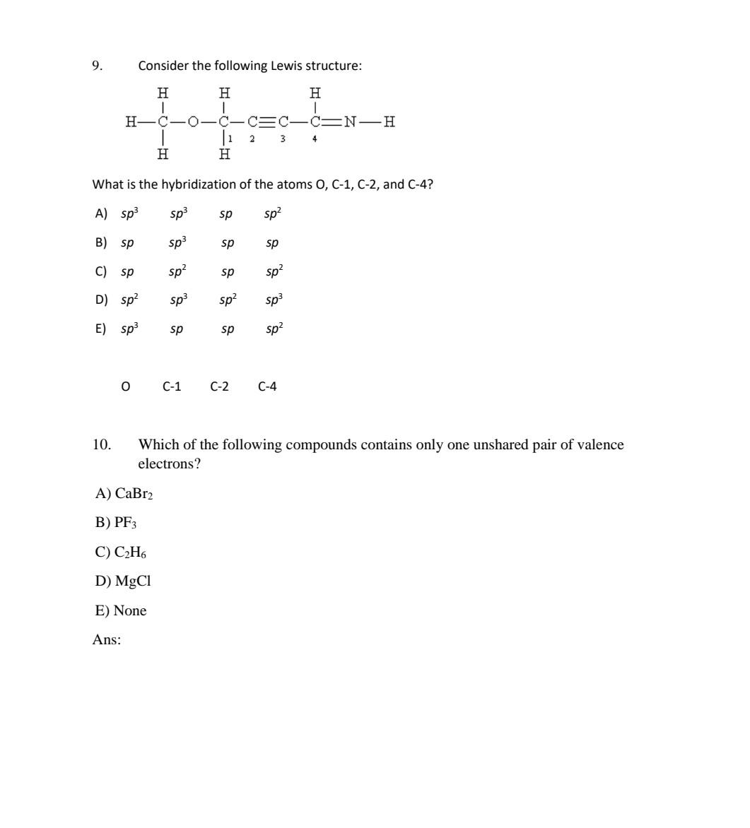 Solved 9. Consider the following Lewis structure H H H 1