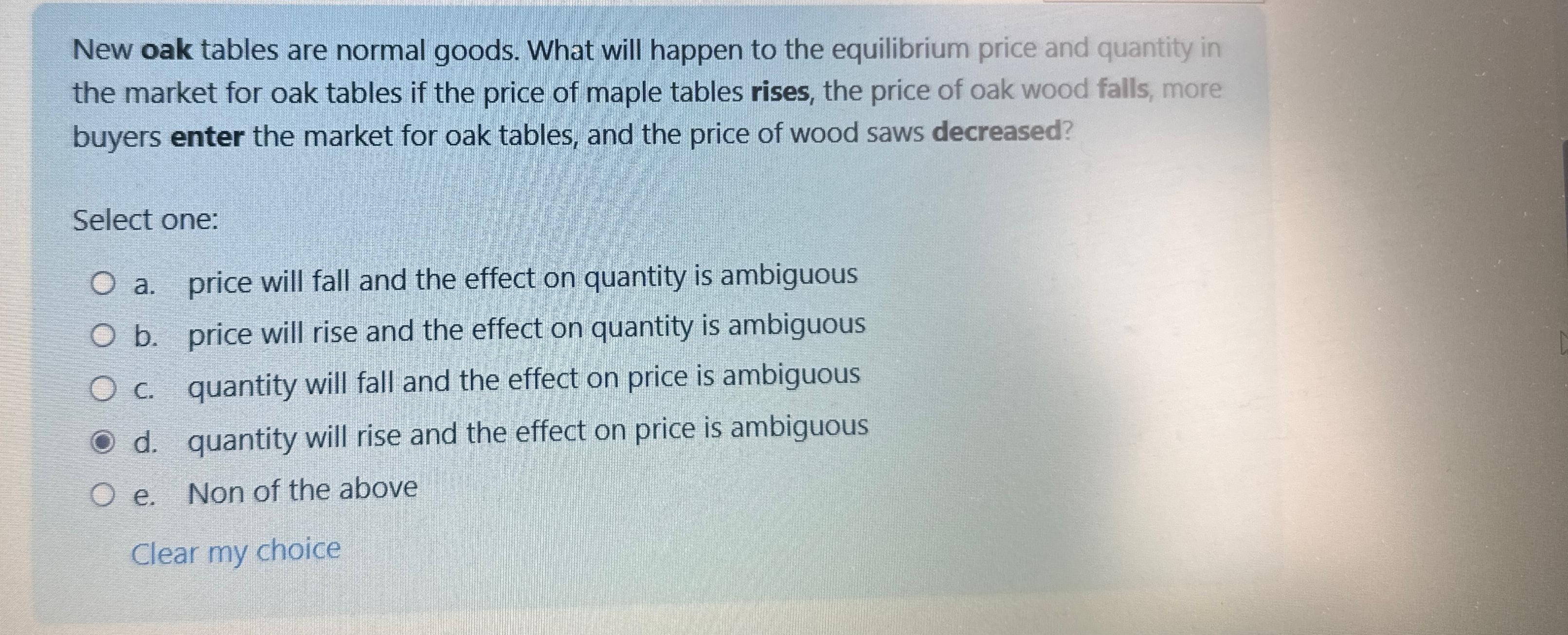 Solved New oak tables are normal goods. What will happen to | Chegg.com