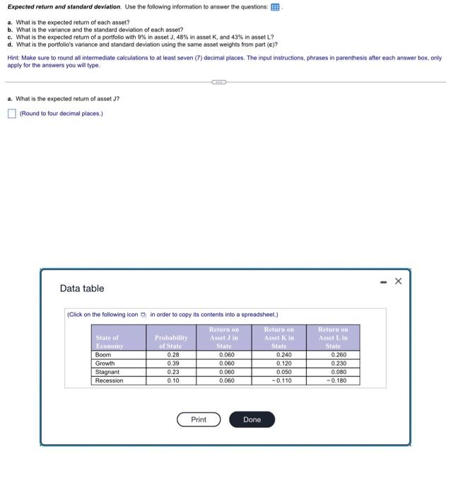 Solved Expected Return And Standard Deviation. Use The | Chegg.com