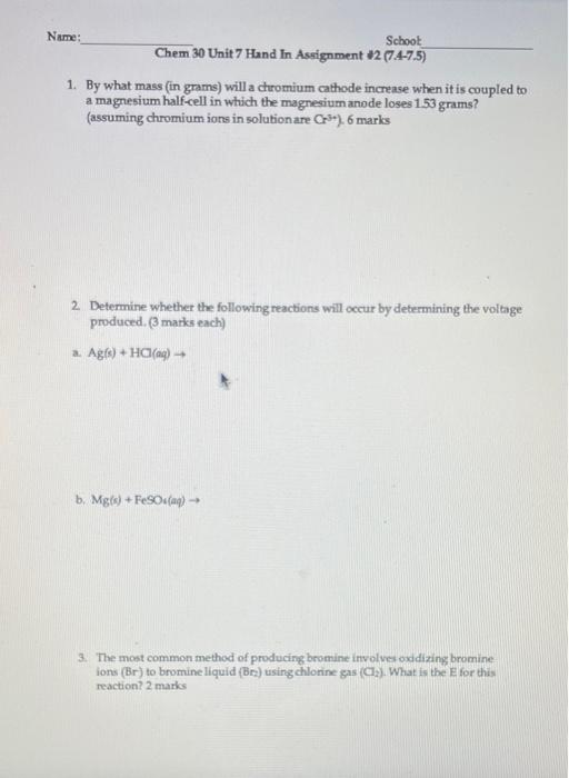 hand in assignment #7 chemical equations