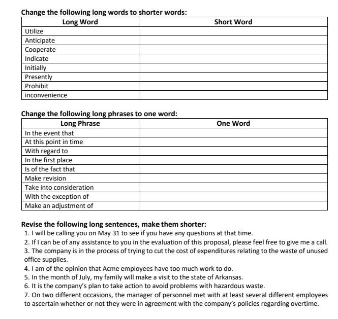 Solved Short Word Change the following long words to shorter