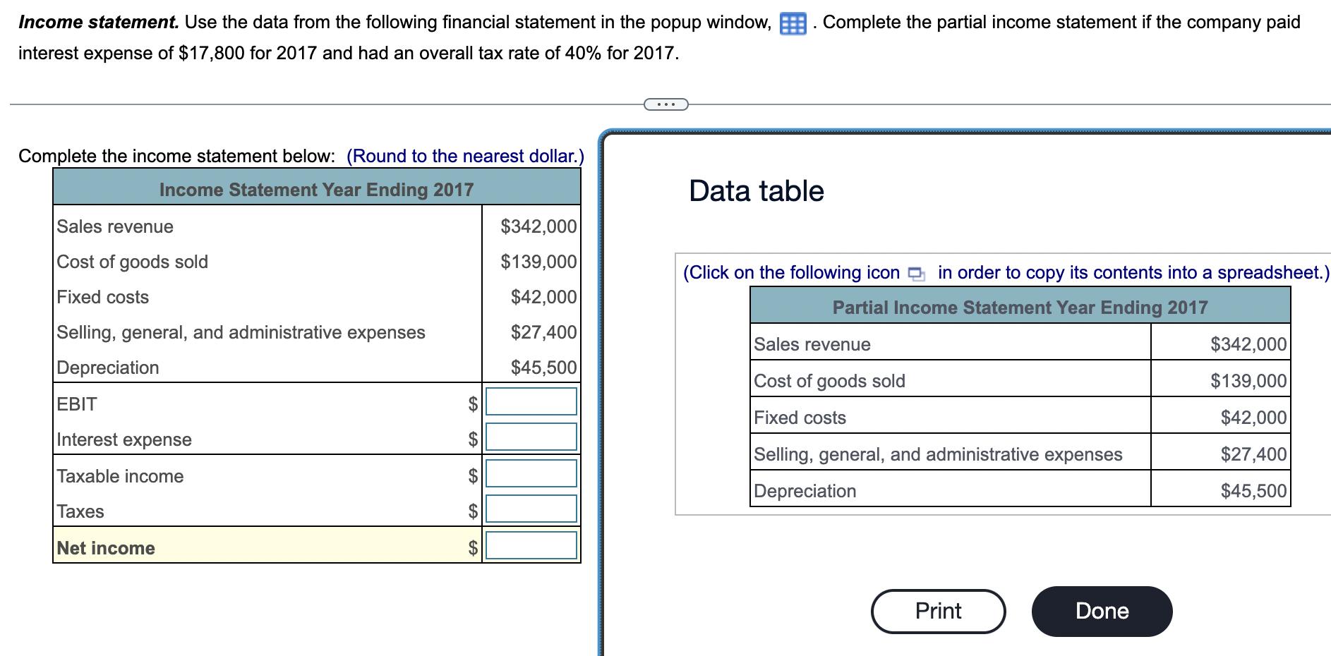 Solved Complete the income statement below: (Round to the | Chegg.com