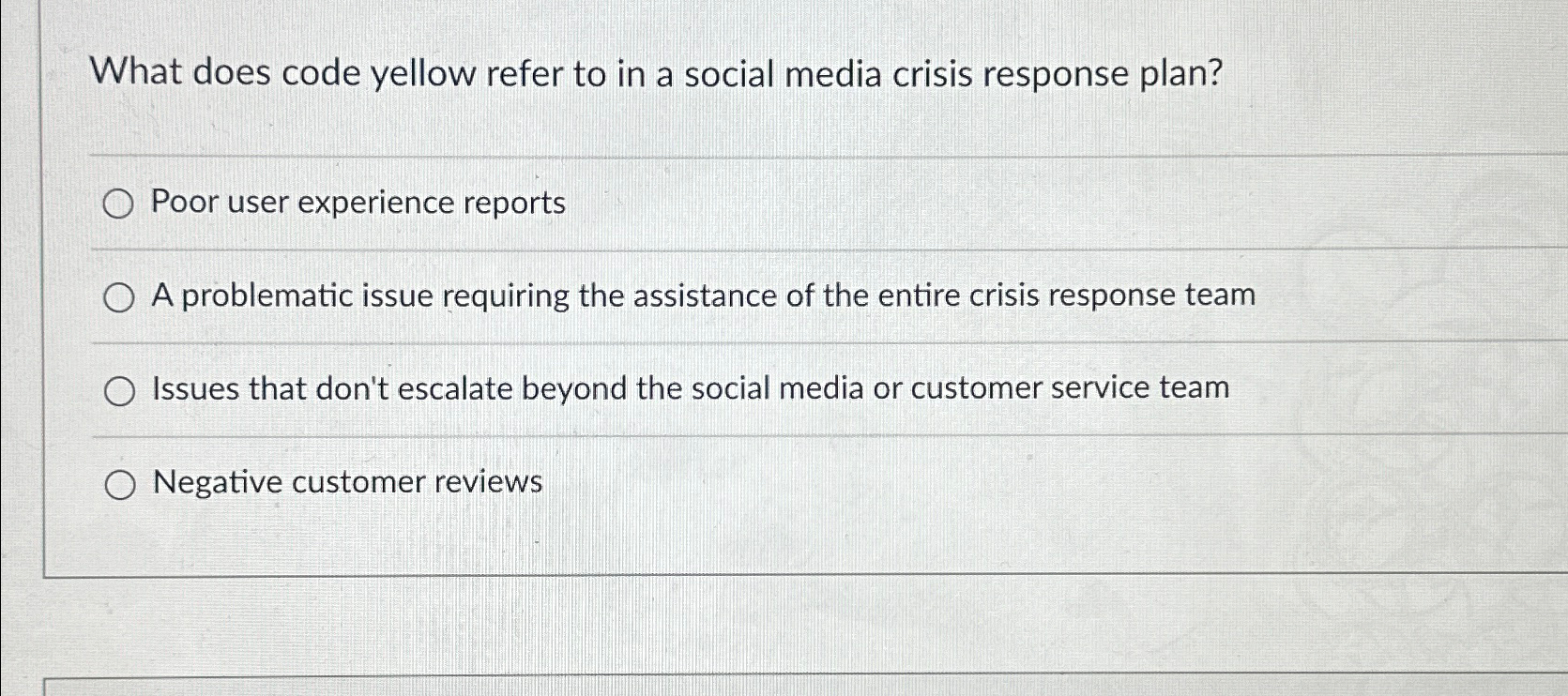 Solved What does code yellow refer to in a social media | Chegg.com