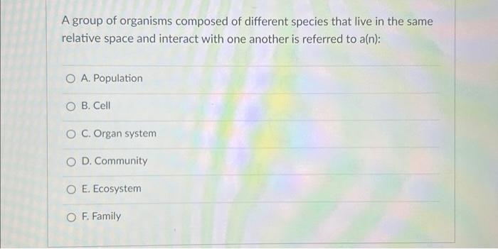 Solved A group of organisms composed of different species | Chegg.com