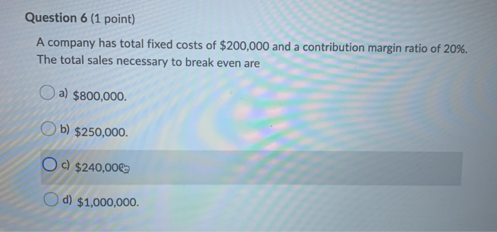 Solved Question 6 (1 point) A company has total fixed costs | Chegg.com