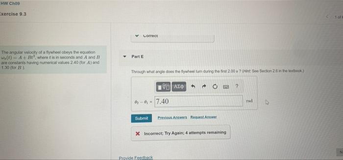 Solved HW Ch09 Xercise 9.3 V Correct Part E The Angular | Chegg.com