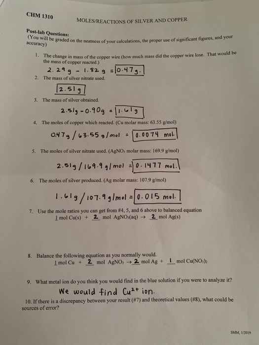 Chm 1310 Moles Reactions Of Silver And Copper Name Chegg 