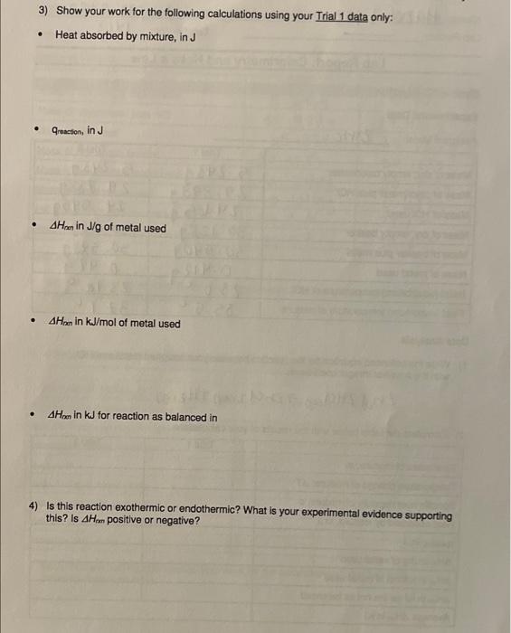 Solved Lab Report Calorimetry and Hess's Law Metal + HCI