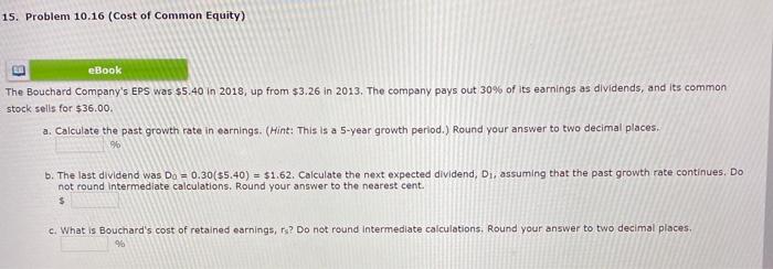 Solved 15. Problem 10.16 (Cost Of Common Equity) EBook The | Chegg.com