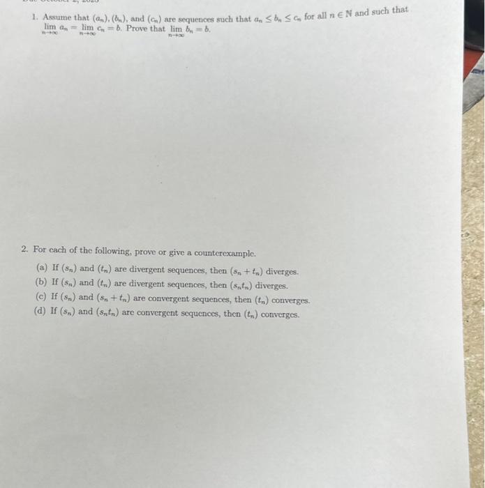 Solved 1. Assume That (an),(bn), And (cn) Are Sequences Such | Chegg.com