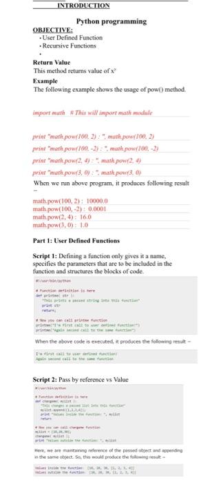 Solved INTRODUCTION Python programming OBJECTIVE: - User | Chegg.com