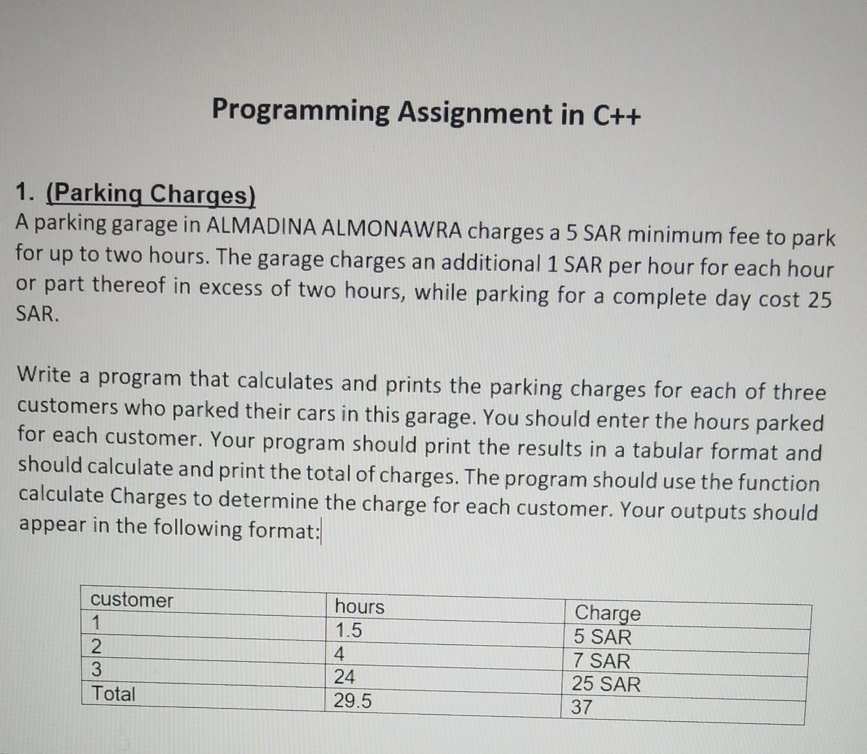 Solved Programming Assignment in C++ 1. (Parking Charges) A | Chegg.com