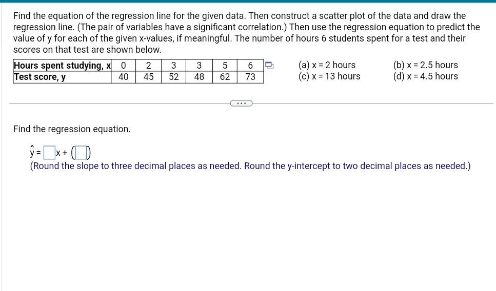 Solved Find the equation of the regression line for the | Chegg.com
