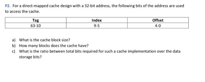 Solved P2. For a direct-mapped cache design with a 32 -bit | Chegg.com
