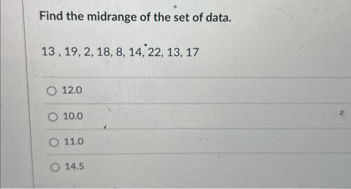 Solved Find the midrange of the set of data. | Chegg.com