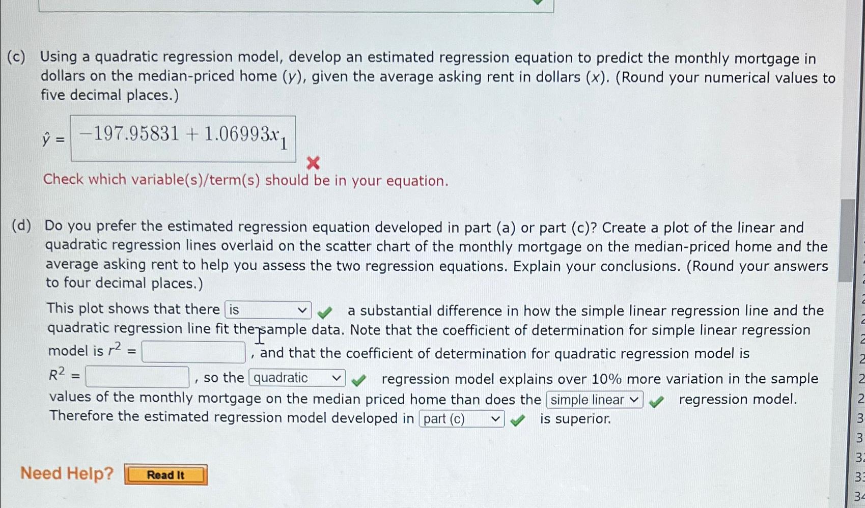 (c) ﻿Using a quadratic regression model, develop an | Chegg.com