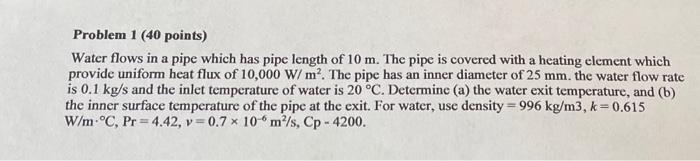 Solved Problem 1 (40 points) Water flows in a pipe which has | Chegg.com