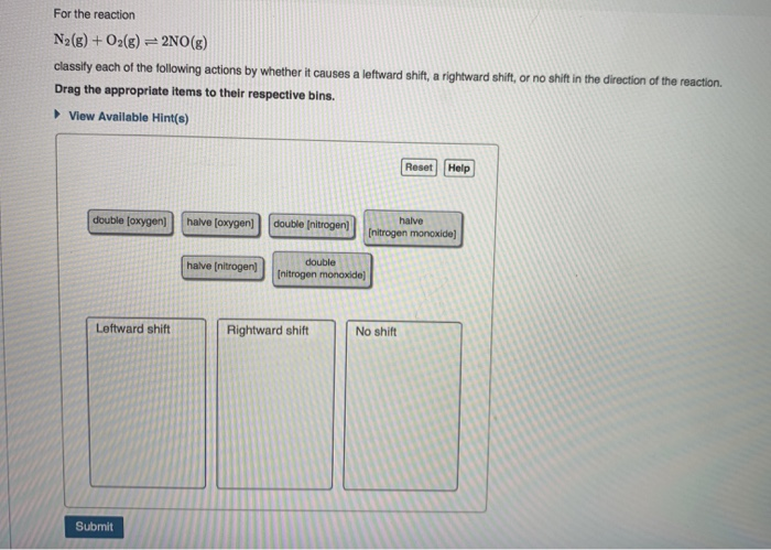 Solved For The Reaction N2 G O2 G 2no G Classify Each