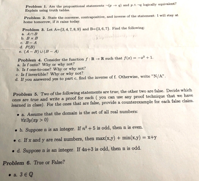 Solved Problem 1. Are the propositional statements - ) and P | Chegg.com