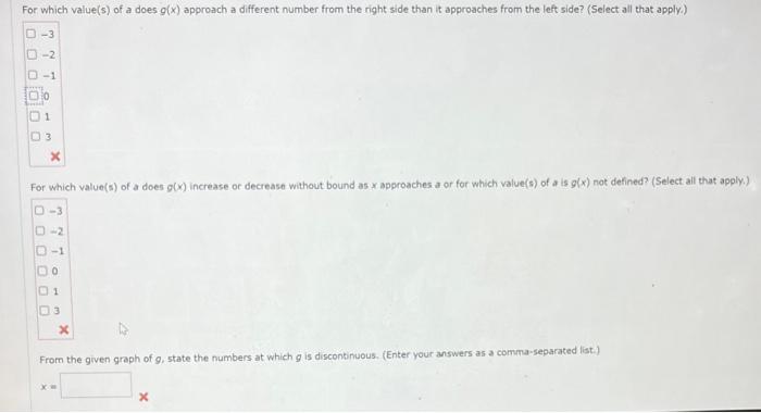 For which value(s) of a does \( g(x) \) approach a different number from the right side than it approaches from the left side