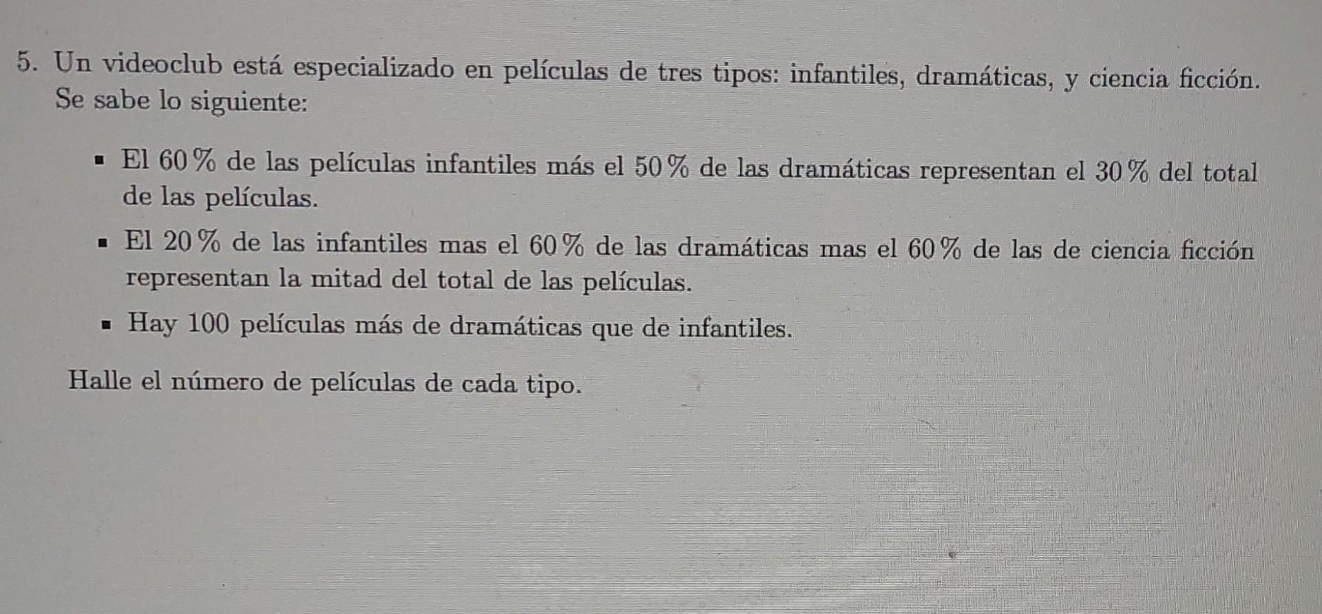 5. Un videoclub está especializado en películas de tres tipos: infantiles, dramáticas, y ciencia ficción. Se sabe lo siguient