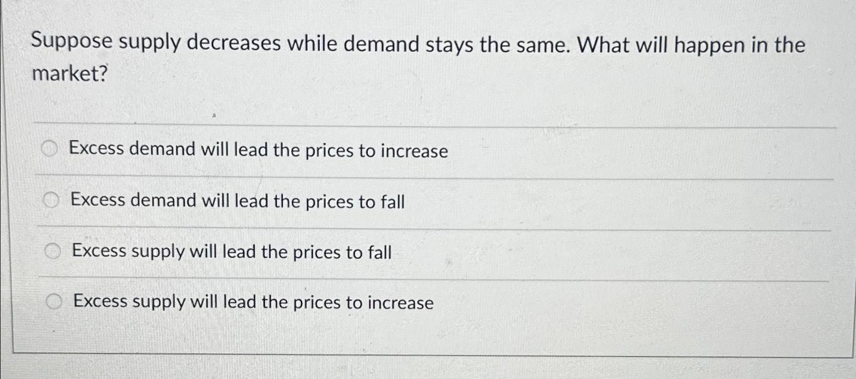 Solved Suppose supply decreases while demand stays the same. | Chegg.com