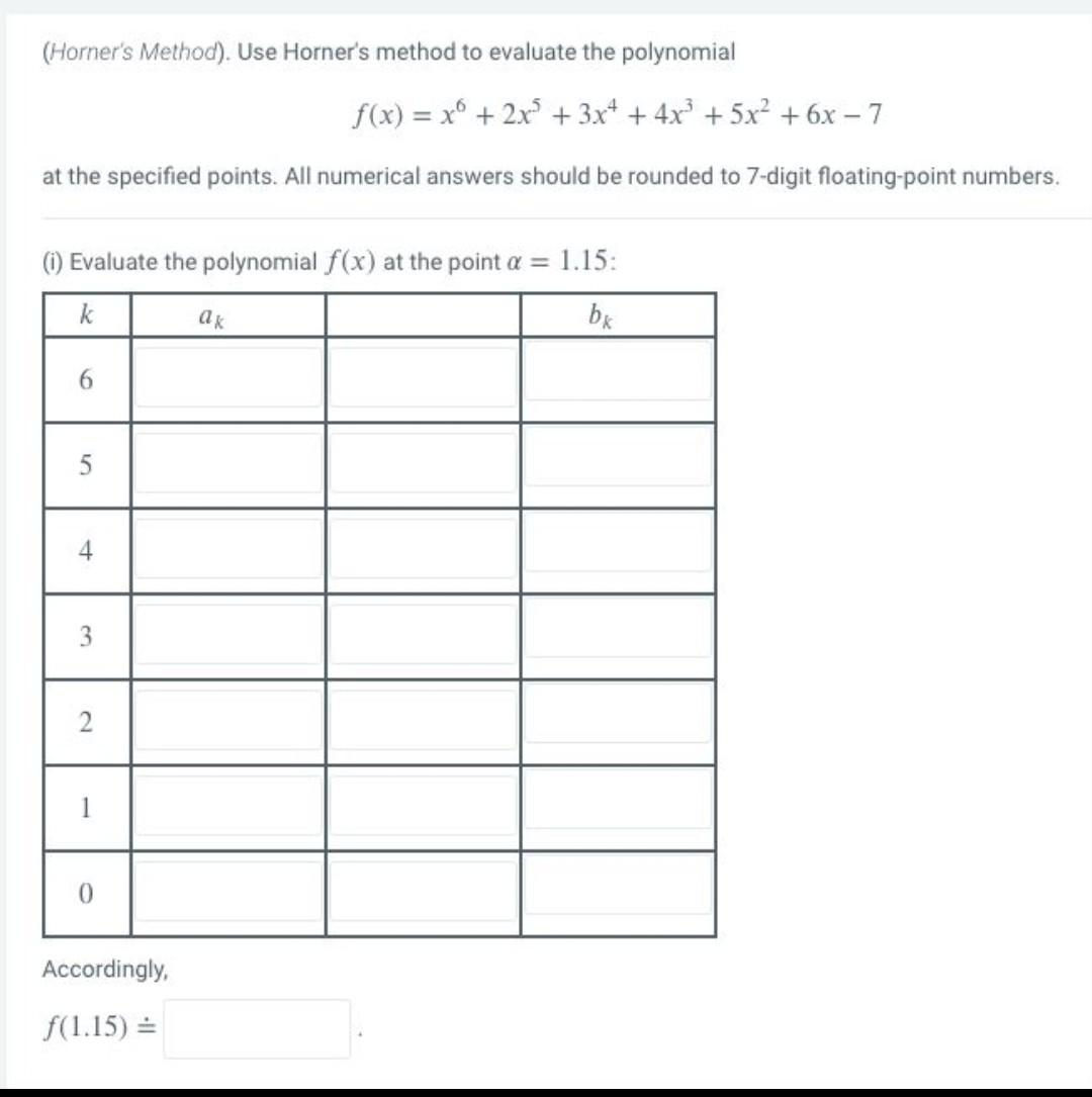 Solved (Horner's Method). Use Horner's method to evaluate | Chegg.com