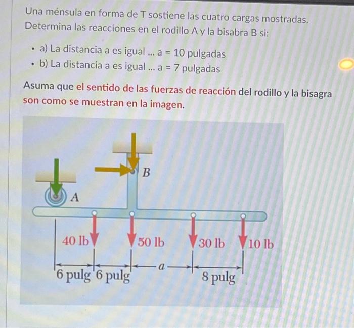 Una ménsula en forma de \( T \) sostiene las cuatro cargas mostradas. Determina las reacciones en el rodillo A y la bisabra B