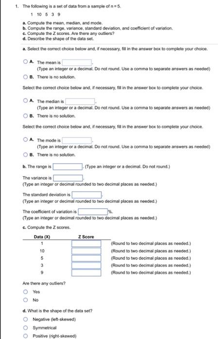 Solved 1. The following is a set of data from a sample of | Chegg.com