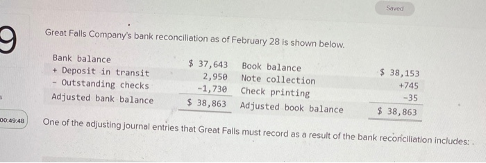 Solved Saved Great Falls Company&rsquo;s bank reconciliation as of 