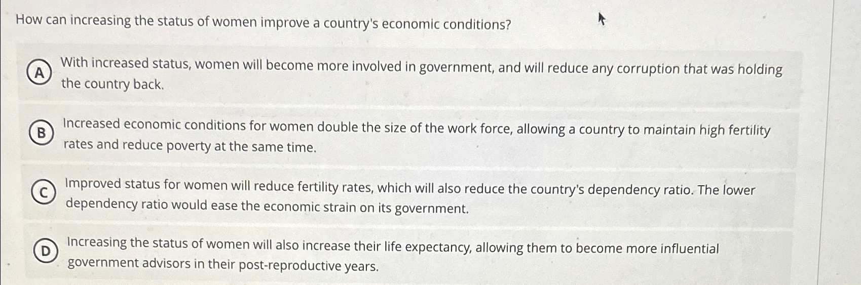 Solved How can increasing the status of women improve a | Chegg.com