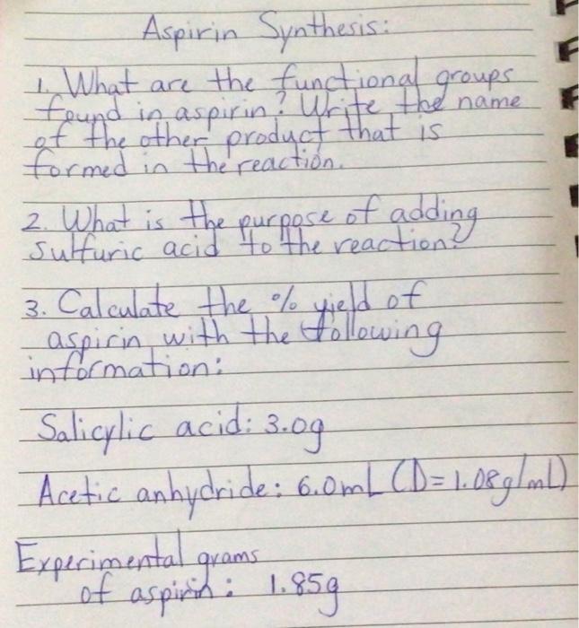 Solved Aspirin Synthesis 1. What are the functional groups